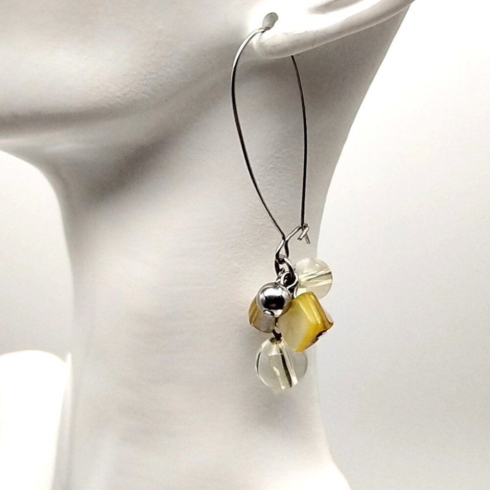 Artisan Clear Glass Bead & MOP Shell Cluster Dangle Earrings with Latch Wires
